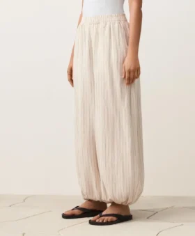 %100 Keten Çizgili Bloomer Pantolonlar