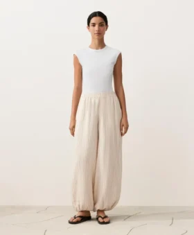 %100 Keten Çizgili Bloomer Pantolonlar