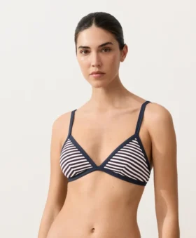 Kenar Süslemeli Dokulu Çizgili Üçgen Bikini Üstü