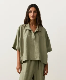 Oversize %100 Keten Kısa Kollu Gömlek