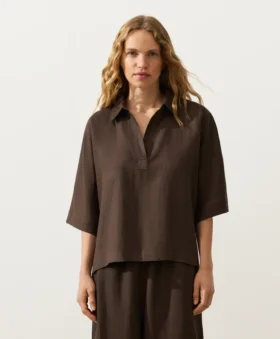Oversize Kısa Kollu %100 Keten Polo Gömlek