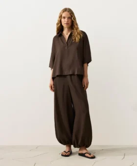 Oversize Kısa Kollu %100 Keten Polo Gömlek