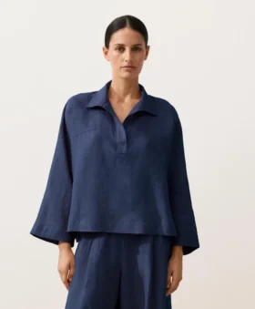 Oversize Uzun Kollu %100 Keten Polo Gömlek