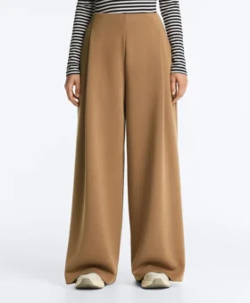 Pileli Yüksek Bel Twill Geniş Paça Pantolonlar