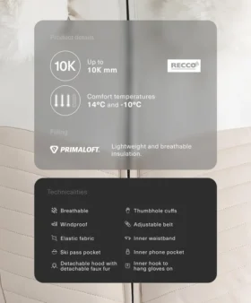 Süper Dar Kesim Renk Bloklu Primaloft® Kayak Suya Dayanıklı Yastıklı Ceket